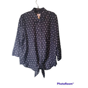 Chicos Top Womens Sz 8 Linen Blue White Dots Button Down Front Ties 3/4 Sleeve
